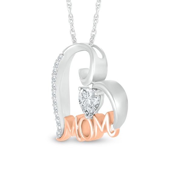 5.0mm Heart-Shaped White Lab-Created Sapphire "MOM" Tilted Heart Pendant in Sterling Silver and 10K Rose Gold