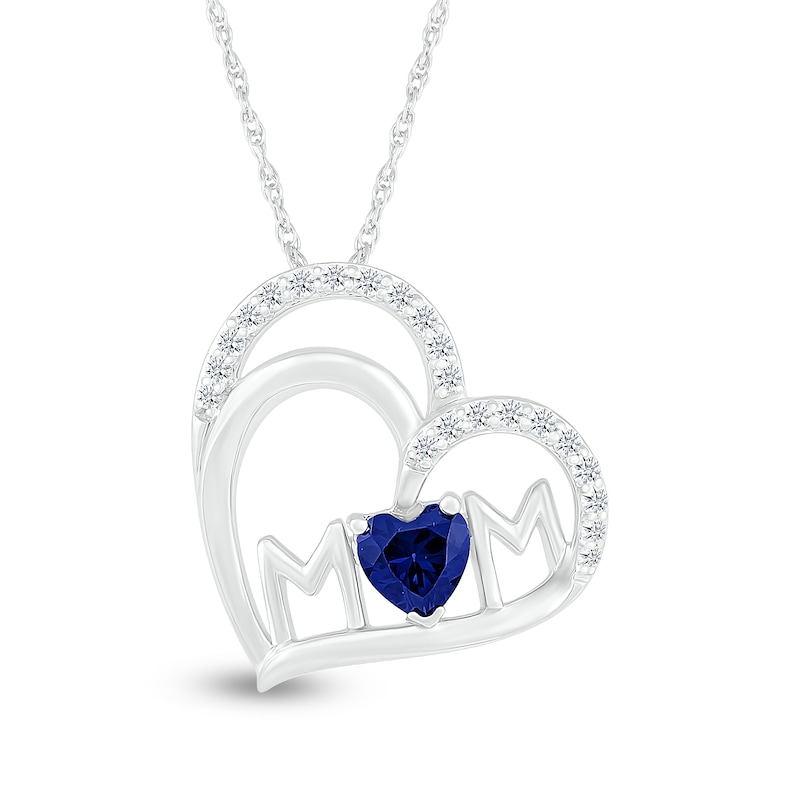 5.0mm Blue and White Lab-Created Sapphire "MOM" Tilted Double Heart Pendant in Sterling Silver|Peoples Jewellers