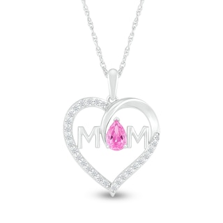 Pear-Shaped Pink and White Lab-Created Sapphire "MOM" Loop Heart Pendant in Sterling Silver