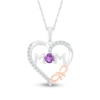 4.0mm Amethyst and White Lab-Created Sapphire "MOM" Heart with Bow Pendant in Sterling Silver and 10K Rose Gold