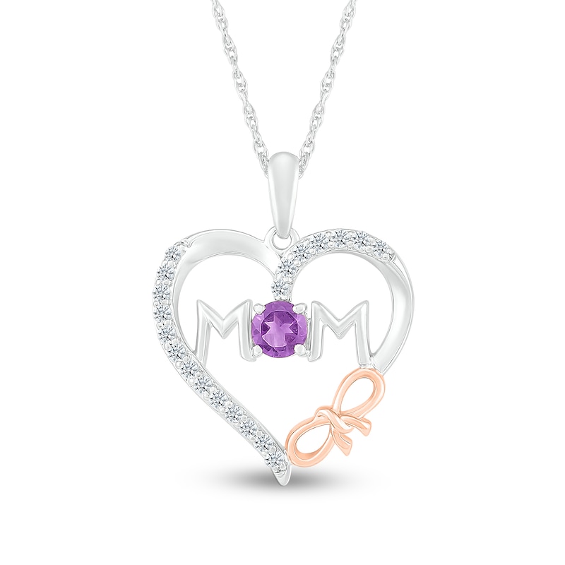 4.0mm Amethyst and White Lab-Created Sapphire "MOM" Heart with Bow Pendant in Sterling Silver and 10K Rose Gold|Peoples Jewellers