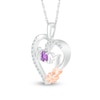 4.0mm Amethyst and White Lab-Created Sapphire "MOM" Heart with Bow Pendant in Sterling Silver and 10K Rose Gold