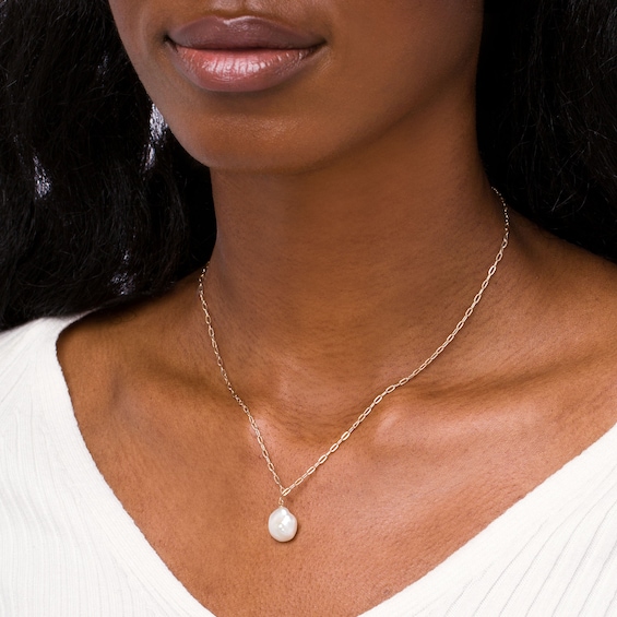 Freshwater Cultured Pearl Drop and Paper Clip Link Chain Necklace in 10K Gold