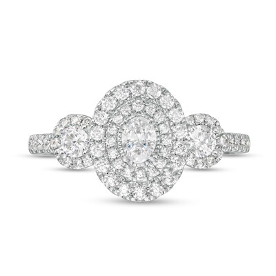 0.75 CT. T.W. Oval Diamond Past Present Future® Double Frame Engagement Ring in 14K White Gold (I/SI2)