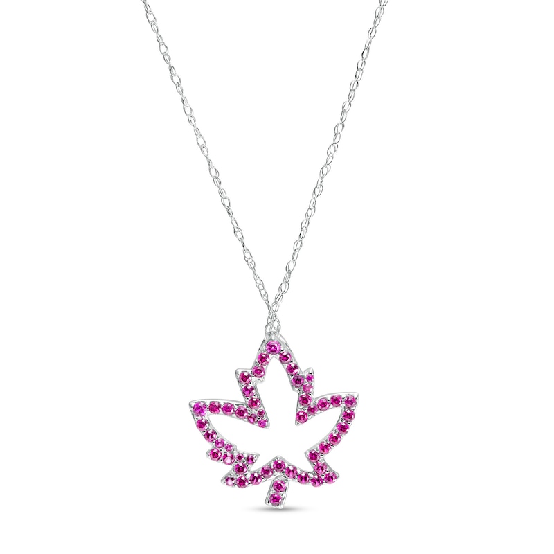 Lab-Created Ruby Maple Leaf Outline Pendant in 10K White Gold