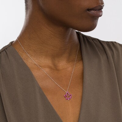 Lab-Created Ruby Maple Leaf Outline Pendant in 10K White Gold