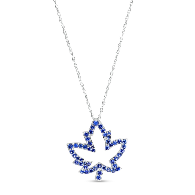 Blue Lab-Created Sapphire Maple Leaf Outline Pendant in 10K White Gold