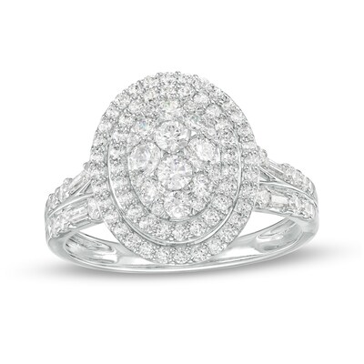 1.00 CT. T.W. Oval-Shaped Multi-Diamond Double Frame Split Shank Engagement Ring in 14K White Gold (I/I2)