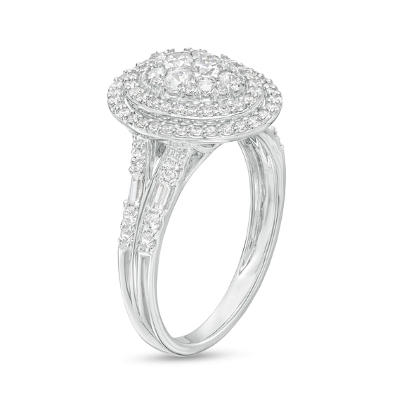 1.00 CT. T.W. Oval-Shaped Multi-Diamond Double Frame Split Shank Engagement Ring in 14K White Gold (I/I2)