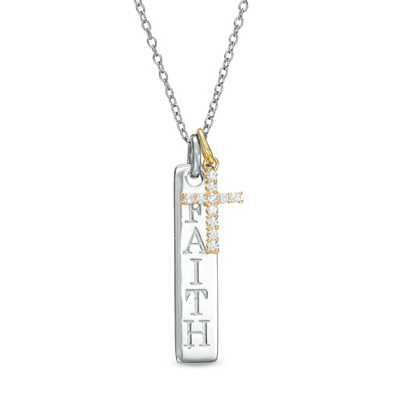 0.065 CT. T.W. Diamond Cross Charm and Linear FAITH Tag Pendant in Sterling Silver and 10K Gold