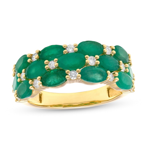 Sideways Oval Emerald and 0.23 CT. T.W. Diamond Triple Row Split Shank Ring in 10K Gold - Size 7