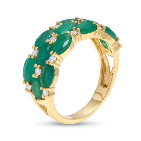 Sideways Oval Emerald and 0.23 CT. T.W. Diamond Triple Row Split Shank Ring in 10K Gold - Size 7