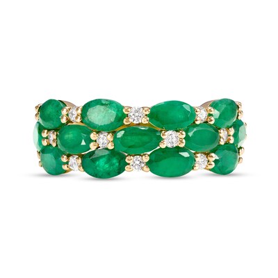 Sideways Oval Emerald and 0.23 CT. T.W. Diamond Triple Row Split Shank Ring in 10K Gold - Size 7