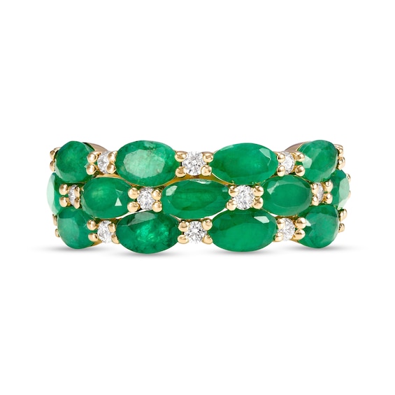 Sideways Oval Emerald and 0.23 CT. T.W. Diamond Triple Row Split Shank Ring in 10K Gold - Size 7