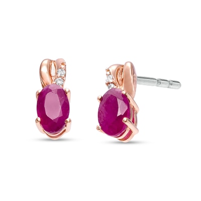 Oval Certified Ruby and Diamond Accent Stud Earrings in 10K Two-Tone Gold