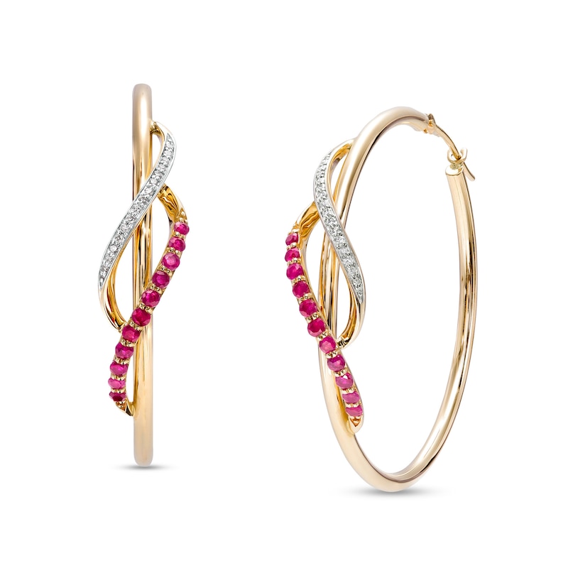 Lab-Created Ruby and 0.085 CT. T.W. Diamond Swirl Crossover Hoop Earrings in 10K Gold|Peoples Jewellers