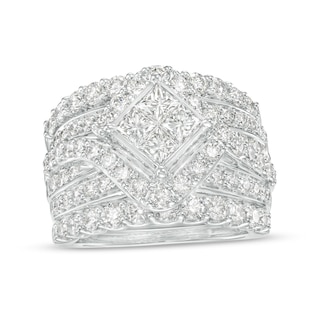 2.62 CT. T.W. Quad Princess-Cut Diamond Frame Tilted Multi-Row Three Piece Bridal Set in 14K White Gold (I/I2)