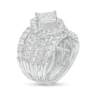 2.62 CT. T.W. Quad Princess-Cut Diamond Frame Tilted Multi-Row Three Piece Bridal Set in 14K White Gold (I/I2)