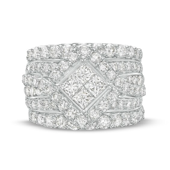 2.62 CT. T.W. Quad Princess-Cut Diamond Frame Tilted Multi-Row Three Piece Bridal Set in 14K White Gold (I/I2)