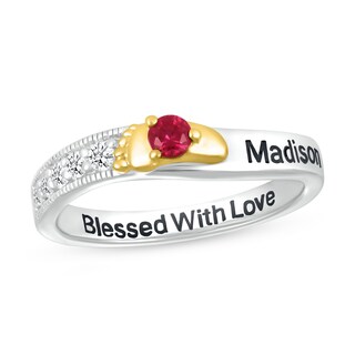 Lab-Created Ruby and White Sapphire Wavy Ring in Sterling Silver and 10K Gold (1 Stone and 2 Lines)