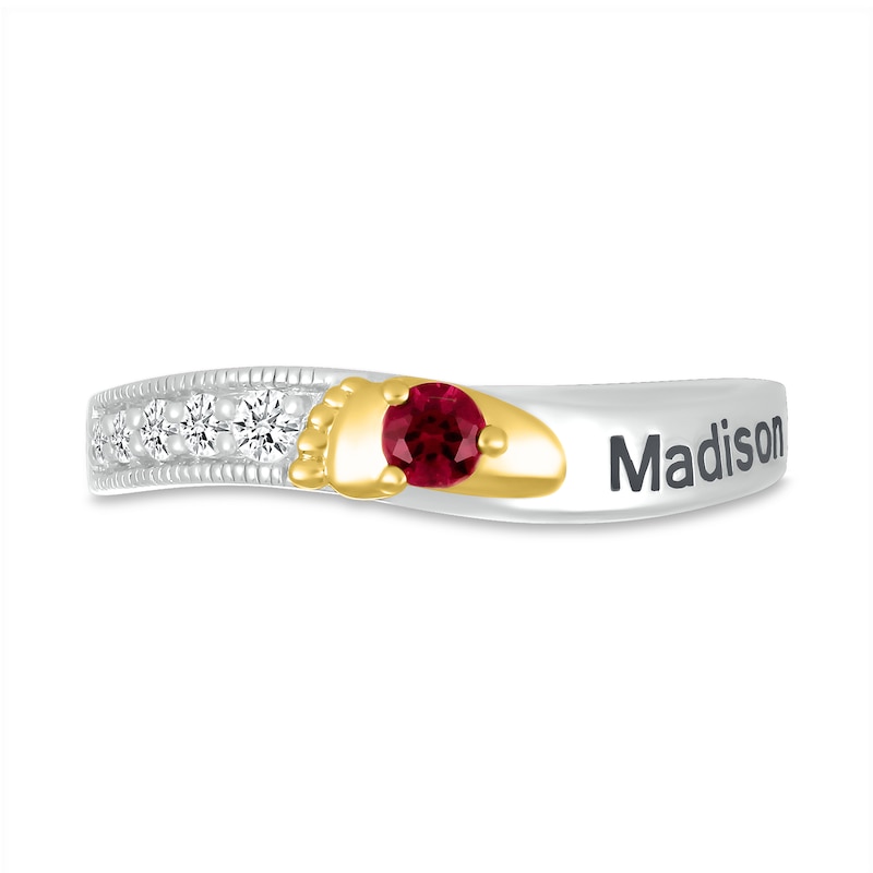 Lab-Created Ruby and White Sapphire Wavy Ring in Sterling Silver and 10K Gold (1 Stone and 2 Lines)