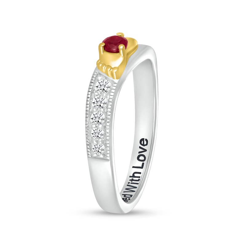 Lab-Created Ruby and White Sapphire Wavy Ring in Sterling Silver and 10K Gold (1 Stone and 2 Lines)