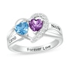 Couple's Simulated Gemstone and Lab-Created White Sapphire Heart Frame Ring in Sterling Silver (2 Stones and 3 Lines)