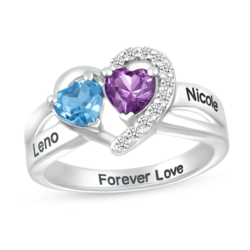 Couple's Simulated Gemstone and Lab-Created White Sapphire Heart Frame Ring in Sterling Silver (2 Stones and 3 Lines)|Peoples Jewellers