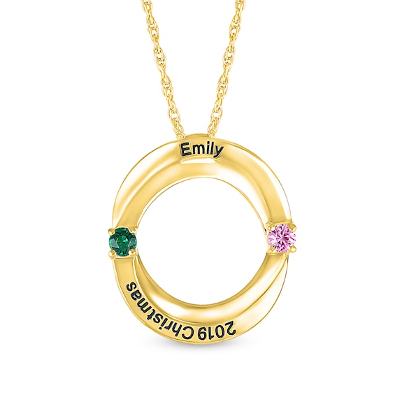 Couple's Simulated Gemstone Overlay Circles Pendant in Sterling Silver with 14K Gold Plate (2 Stones and Lines)