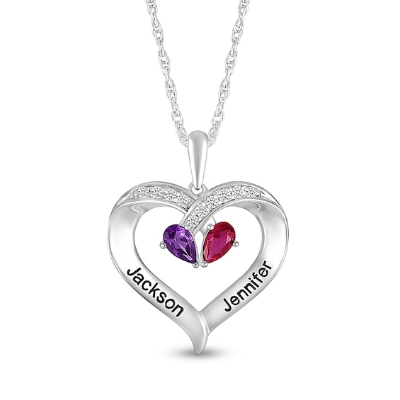 Pear-Shaped Simulated Gemstone and Lab-Created White Sapphire Heart Pendant in Sterling Silver (2 Stones and Lines)