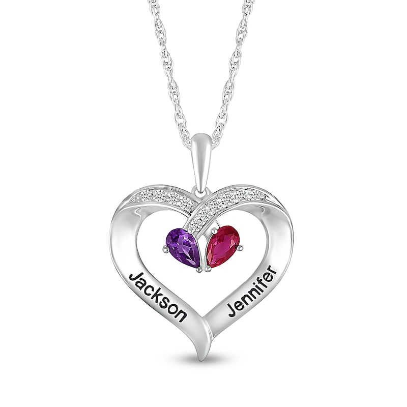 Pear-Shaped Simulated Gemstone and Lab-Created White Sapphire Heart Pendant in Sterling Silver (2 Stones and Lines)|Peoples Jewellers