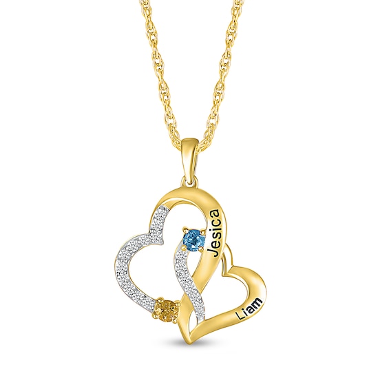 Simulated Gemstone and Lab-Created Sapphire Hearts Pendant in Sterling Silver with 14K Gold Plate (2 Stones and Lines)