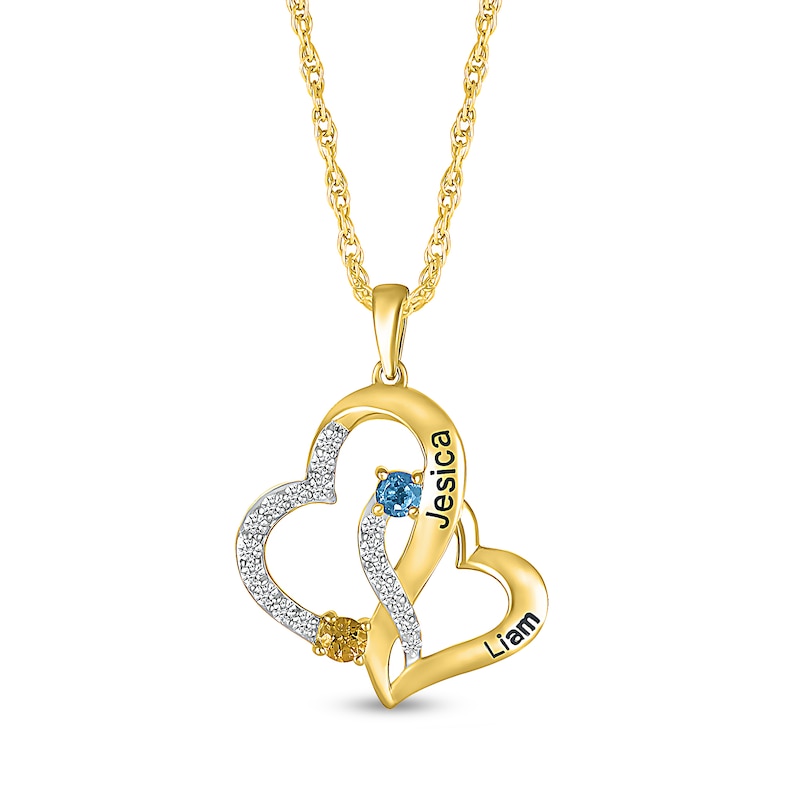 Simulated Gemstone and Lab-Created Sapphire Hearts Pendant in Sterling Silver with 14K Gold Plate (2 Stones and Lines)|Peoples Jewellers
