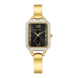 Ladies' Citizen Eco-Drive® Silhouette Crystal Gold-Tone Bangle Watch with Rectangular Black Dial (Model: EM0982-54E)