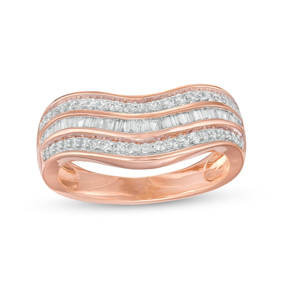 0.45 CT. T.W. Baguette and Round Diamond Contour Triple Row Anniversary Band in 10K Rose Gold