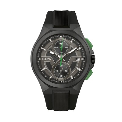 Men's Bulova Maquina Black IP Chronograph Black Silicone Strap Watch with Black Dial (Model: 98B381)