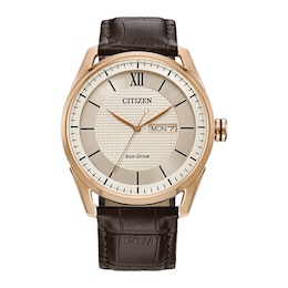Men's Citizen Eco-Drive® Classic Rose-Tone Leather Strap Watch with Ivory Dial (Model: AW0082-01A)