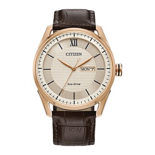 Men's Citizen Eco-Drive® Classic Rose-Tone Leather Strap Watch with Ivory Dial (Model: AW0082-01A)