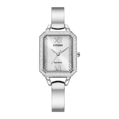 Ladies' Citizen Eco-Drive® Silhouette Crystal Accent Bangle Watch with Rectangular Silver-Tone Dial (Model: EM0980-50A)