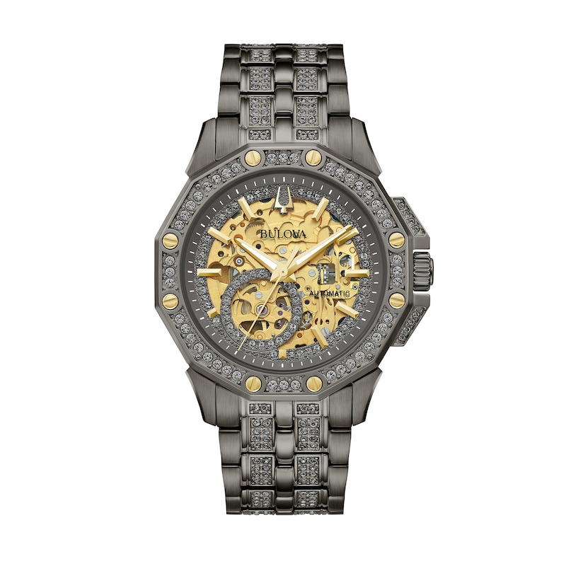 Men's Bulova Octava Crystal Accent Gunmetal Grey IP Automatic Watch with Gunmetal Grey Skeleton Dial (Model: 98A293)|Peoples Jewellers