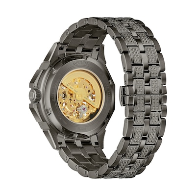 Men's Bulova Octava Crystal Accent Gunmetal Grey IP Automatic Watch with Gunmetal Grey Skeleton Dial (Model: 98A293)