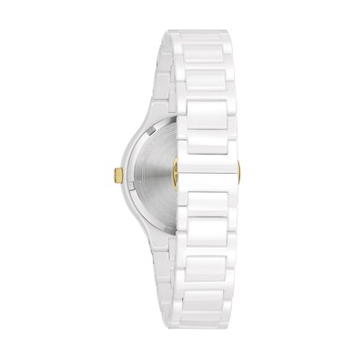 Ladies' Bulova Millenia Diamond Accent Gold-Tone and White Ceramic Watch with Mother-of-Pearl Dial (Model: 98R292)