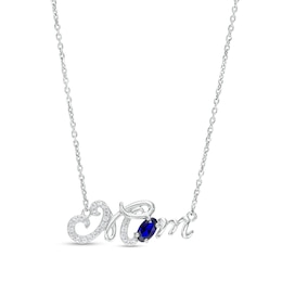 Oval Blue and White Lab-Created Sapphire Cursive &quot;Mom&quot; Necklace in Sterling Silver - 18.75&quot;