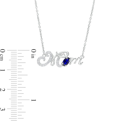 Oval Blue and White Lab-Created Sapphire Cursive "Mom" Necklace in Sterling Silver - 18.75"