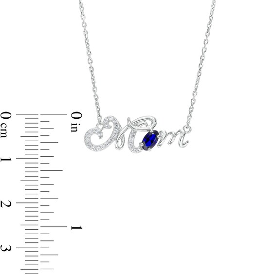 Oval Blue and White Lab-Created Sapphire Cursive "Mom" Necklace in Sterling Silver - 18.75"