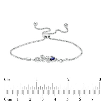 Oval Blue and White Lab-Created Sapphire Cursive "Mom" Bolo Bracelet in Sterling Silver – 9.25"