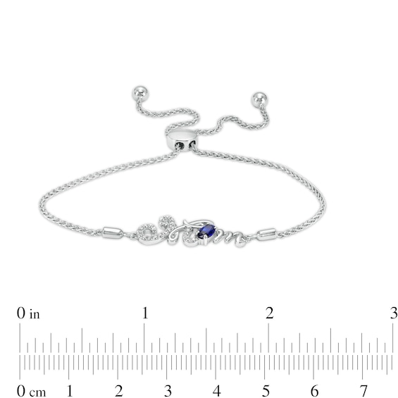 Oval Blue and White Lab-Created Sapphire Cursive "Mom" Bolo Bracelet in Sterling Silver – 9.25"