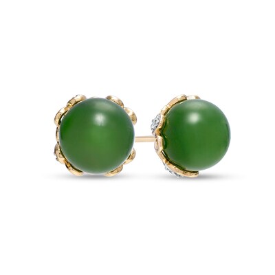 8.0mm Jade and 0.11 CT. T.W. Diamond Flower Cap Stud Earrings in 14K Gold