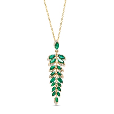 EFFY™ Collection Marquise-Cut Emerald and 0.13 CT. T.W. Diamond Graduated Leaf Vine Linear Drop Pendant in 14K Gold