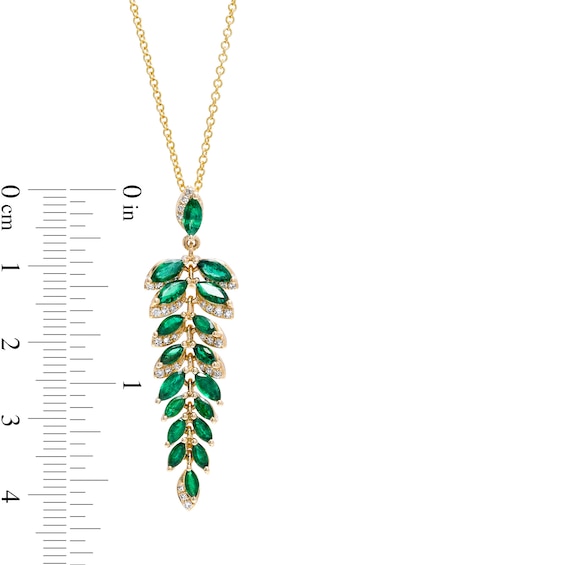 EFFY™ Collection Marquise-Cut Emerald and 0.13 CT. T.W. Diamond Graduated Leaf Vine Linear Drop Pendant in 14K Gold